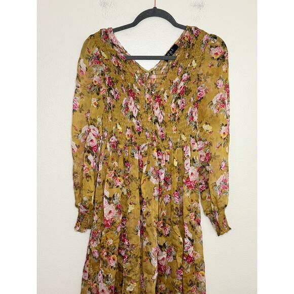 OPT Anthropologie Wick Dress Yellow Smocked Chiffon Floral Sheen Romantic, M - Picture 5 of 12